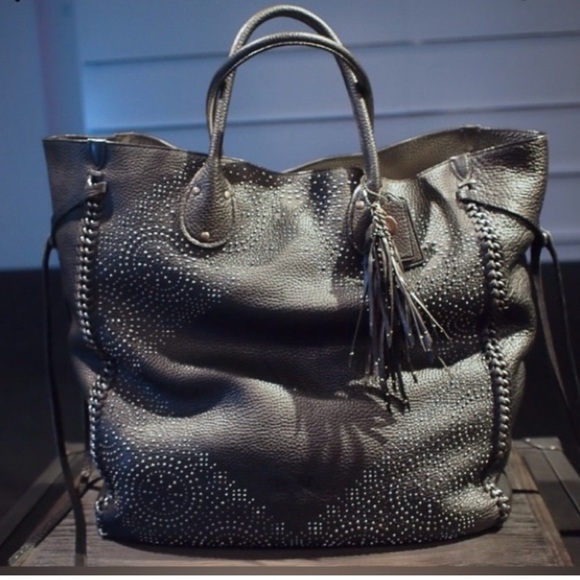 COACH RARE Tatum whipstitch Studded Black Leather Bag weekender 5 HANG TAGS EUC - Picture 8 of 14